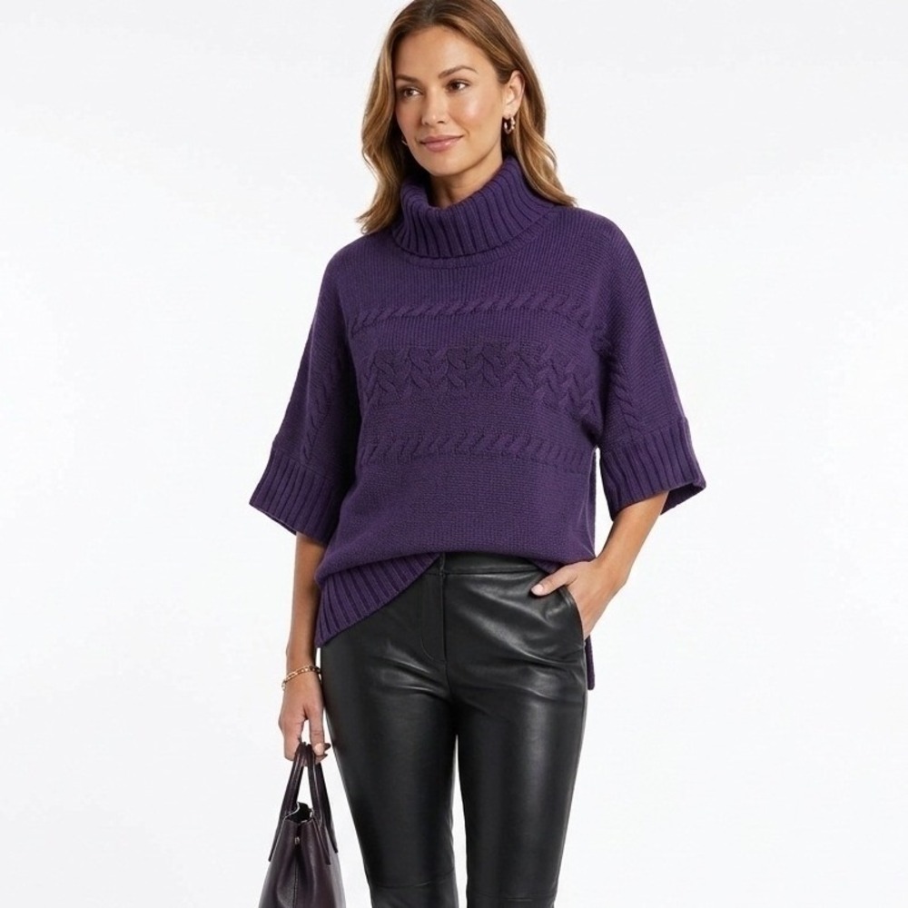 Fenn Wright Mason Purple‎ Cable Knit Turtleneck Sweater 3/4 Sleeve Large